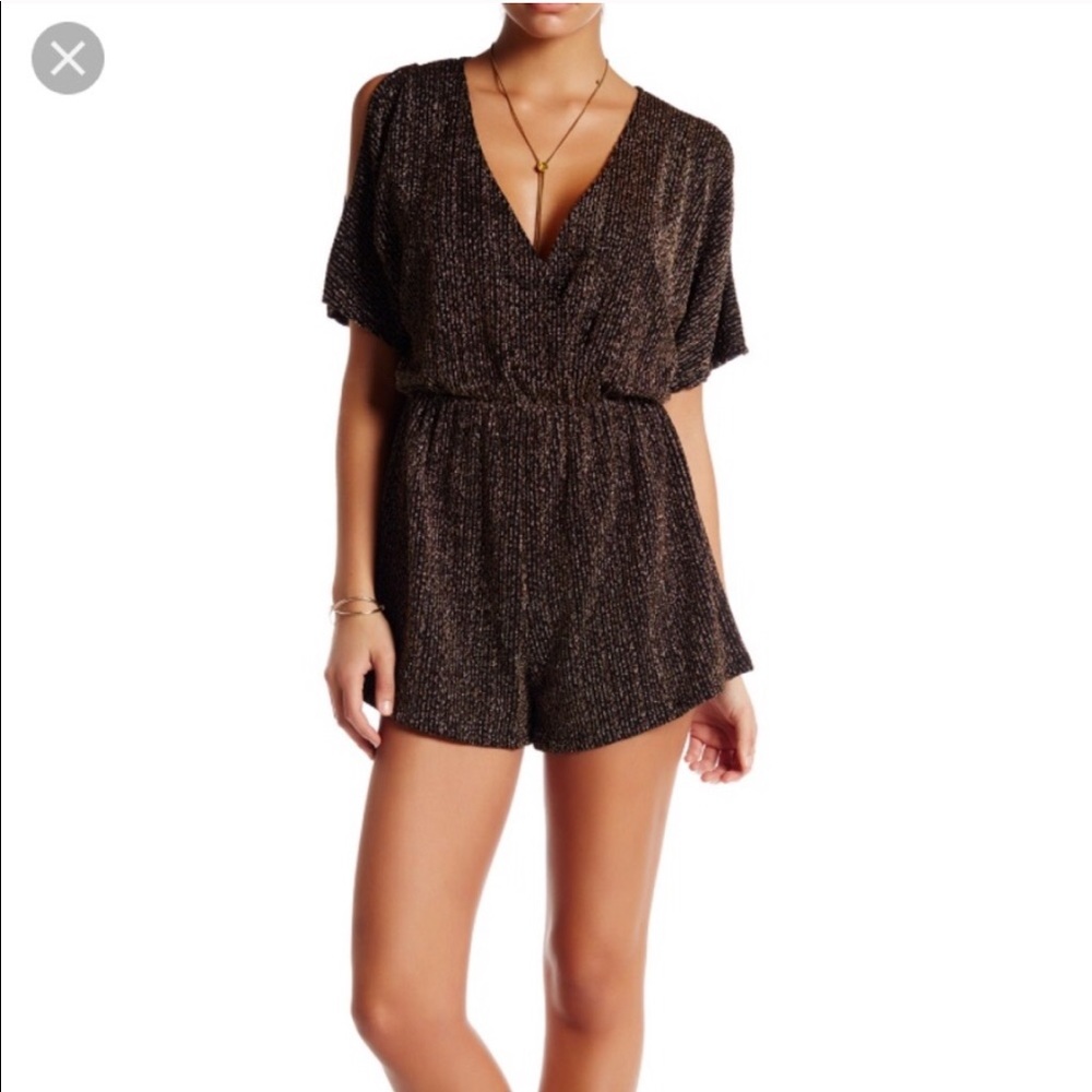 ASTR GOLD METALLIC COLD SHOULDER SPARKLY ROMPER